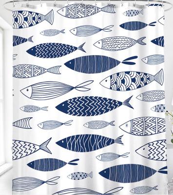 China Amazon New Style Custom Viable Blue Polyester Pongee Digital Printing Shower Curtain Fish Waterproof And Rust Proof for sale