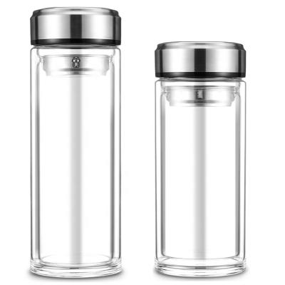 China 1000ml Beverage Double Wall High Borosilicate Glass Water Bottle With 304 Stainless Steel Cap, Filter for sale