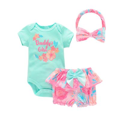 China Breathable Custom Baby Clothes Set New Summer Onesie Babies Skirt Shorts Bow Head Band 3 PCS Set Baby Romper Set for sale