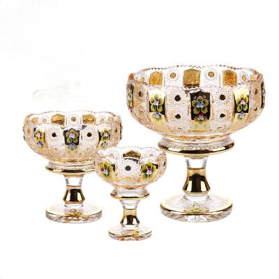 China Viable wholesale decoration electronic plating tinted glass bowl fruit bowl dessert stand fruit dish gold crystal footed set for sale