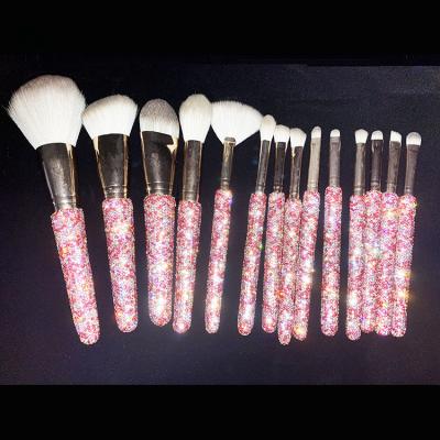 China Holographic Diamond Glitter Brush Crystal Bling Wholesale Custom Luxury Pink Holographic Glitter Rhinestone 14pcs Glitter Crystal Diamond Rose Bling Makeup Brushes for sale