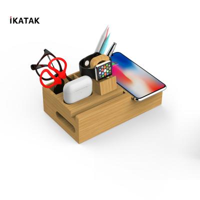 China New IKATAK Smart Watch Dock Bamboo Wooden Charging Multi Organizer 3 in 1 Wireless Charger Station for sale