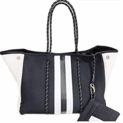 China Other Stripe Design Neoprene Fashion Customized Waterproof Beach Handbag Neoprene Beach Tote Bag for sale