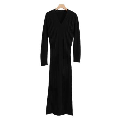 China Wholesale Women's Hongkai Dry Cleaning Black Elegant V Neck Slim Casual Knit Dress for sale