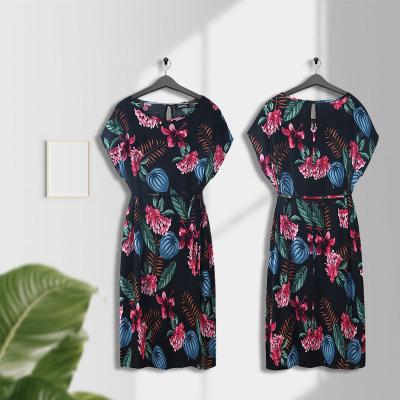 China Dry Cleaning Women Summer Shorts Sleeve Elegant Flower Pattern Dresses Modest Cotton Black Floral Casual Outfits for sale