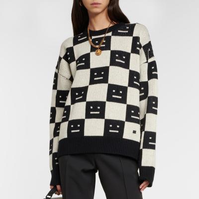 China Anti-pilling wholesale ribbed crew neck design women knitted black and white checkerboard face jacquard sweater pullover sweater for women for sale