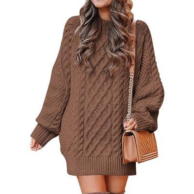 China Anti-pilling Women Crewneck Long Sleeve Oversized Cable Knit Chunky Pullover Short Sweater Dresses for sale