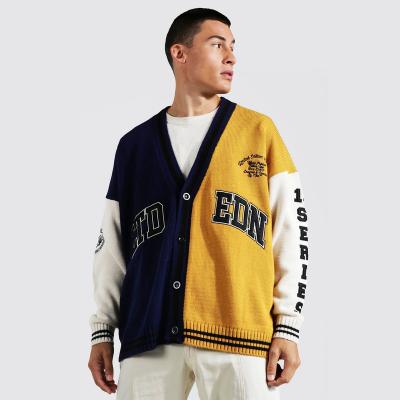 China Custom Embroidery Oversize Men's Winter Anti-pilling Letter Cardigan Color Block College Sweater Men for sale