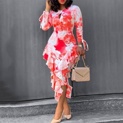 China Breathable Hot Summer Long-sleeve Ruffle Package Hip Pencil Skirt Dress Bodycon Midi Dress Asymmetric Printed Elegant Women Plus Size 5XL for sale