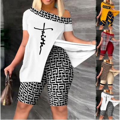 China QUICK DRY Plus Size Women's Clothing High Fashion Summer 2023 Slant Shoulder Asymmetric Printing 2 Piece Sets for Women for sale