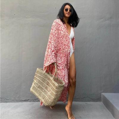 China 2022 Breathable Hot Sale Cotton Print Red Beach Cover Up Long Dress Cardigan Holiday Sun Protection Shirt Beach Wear Blouse for sale