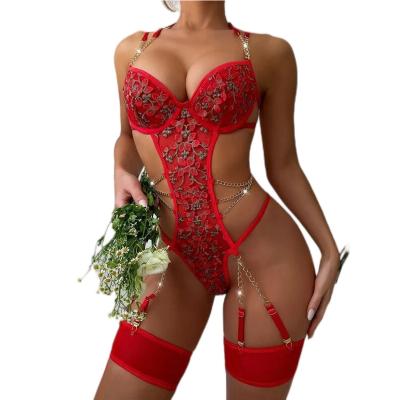 China 2022 Breathable New Hollow Out Embroidery Lace Up Bodysuit Lingerie Women Onesie 6colour Sexy Lingeries Lace Up Bodysuits For Women for sale