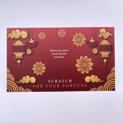 China Security Password Scratches Custom Design Colorful Printed Red Holiday Greeting Cards Thank You Cards With Hot Stamping for sale