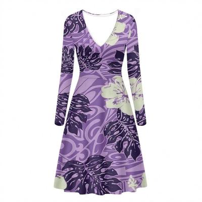 China Sustainable Elegant Casual Polynesian Tribal Purple Hibiscus Monster Leave Print Custom Holiday Dresses for Women Long Sleeve V-neck Dress for sale