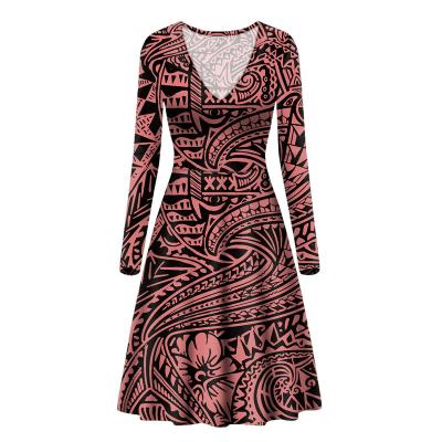 China Sustainable Polynesian Traditional Tribal Print custom V-Neck A-line Skirts Flower Girls' long Dresses Women Lady Elegant Long Sleeve Dress for sale