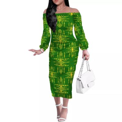 China Anti-Static Hot Selling Plus Size Women Fashion Half Shoulder dress Casual Long Sleeves Off Shoulder Tribal Tattoos Print Summer Women Dress for sale