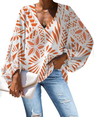 China Anti-pilling High Quality Polynesian Tribal Tattoo Orange-White Puff Sleeve Tops Long Sleeve V-neck Elastic Cuff Shirt Blouses Chiffon Lady for sale