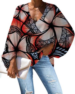 China Anti-pilling 2023 Spring Polynesian Tribal Tattoo Ladies Tops Big Size Fashion Chiffon Blouse With Plumeria Custom Lantern Sleeve T Shirts for sale