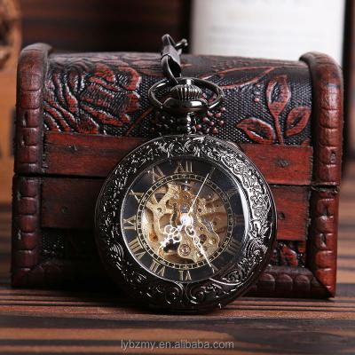 China Black Antique Hollow Manual Wind Hand Winding Retro Mechanical Mechanical Pocket Watch for sale