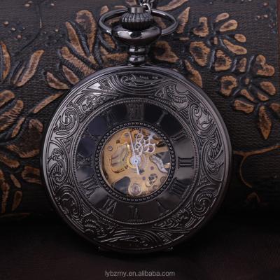 China Wholesale Antique Cavity Manual Wind Black Hand Winding Retro Mechanical Roman Pocket Watch for sale