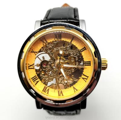 China Promotional Mens Leather Skeleton Wrist Stainless Steel Day/Date Mechanical Band Watch for sale