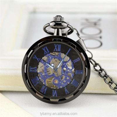 China Antique Antique Skeleton Movement Mechanical Hand Winding Black Blue Open Face Mechanical Pocket Watch for sale