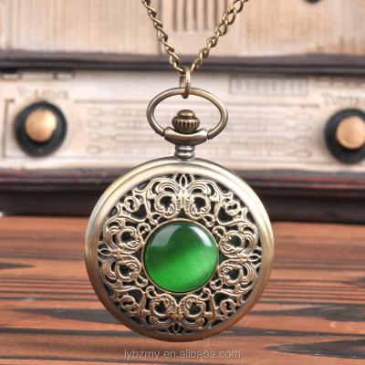 China Antique Classic Green Penthouse Flip Hollow Dial Large Necklace Chain Quartz Cut Out Pendant Pocket Watch for sale