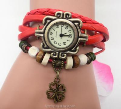 China Wholesale Handmade Leather Braided Leather Bead Wrap Leaf Bracelet Leaf Non-Specific Wood Watch for sale