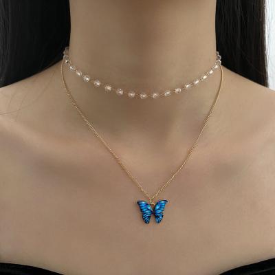 China Vintage CLASSIC Silver Color Oil Butterfly Choker Drip Necklace For Women Girls Necklaces Jewelry Blue Animal Pendant Gift for sale