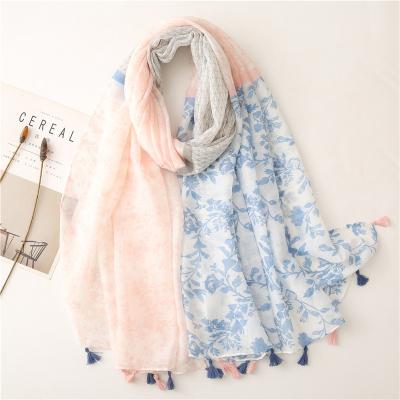 China Colorful Dobby Spring Scarves For Women Cotton Blue Flower Wraps Rose Scarf Half Long With Tassel Casual Lady Shawl Holiday Poncho for sale