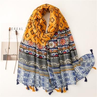 China Yellow Dobby Flower Printing Summer Scarves For Check Spring Women Wraps Women Long Scarf With Tassel Lady Hijab Warm Summer Casual Shawl for sale