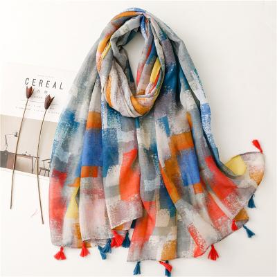 China Colorful Blue Dobby Rectangle Summer Scarves For Women Holiday Long Scarf With Tassel Lady Wrap Spring Gift Casual Hijab Shawl for sale