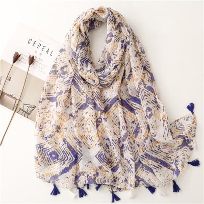 China Diamond Printing Summer Scarves Summer Dobby Women Purple Holiday Wraps Long Scarf With Tassel Casual Lady Shawl Printing Spring Hijab for sale