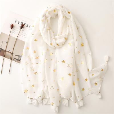 China White Gold Dobby Print Foil Dobby Star Women Summer Scarves Wrap Holiday Long Scarf With Tassel Casual Lady Shawl Spring Hijab for sale