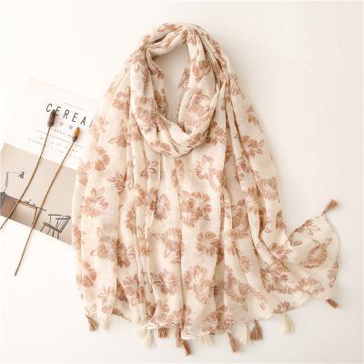 China Dobby Flower Print Summer Scarves Summer Women Camel Blue Wraps Holiday Long Scarf with Tassel Lady Casual Warm Spring Shawl for sale