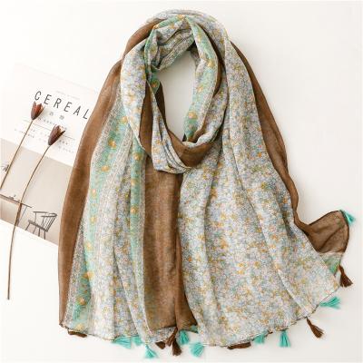 China Dobby Brown Flower Print Summer Scarves Women Small Wraps Long Vacation Scarf With Tassel Casual Lady Strip Spring Shawl Hijab for sale