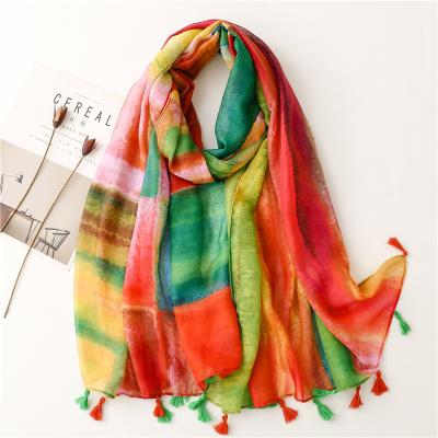 China Dobby Bright Color Tie Dyed Summer Scarf For Women Green Holiday Long Scarf With Tassel Lady Wraps Spring Shawl Summer Casual Hijab for sale