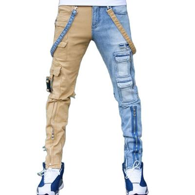 China Stylish contrast 2021 new design breathable legging for mens pockets cargo jeans pants&slim fit stretched patched jeans for sale