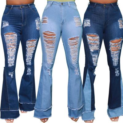 China Newest Design Breathable Ripped Stretch Patchwork Rocket Leg Zippers Ladies Denim Pants Women Jeans High Leg Pants for sale