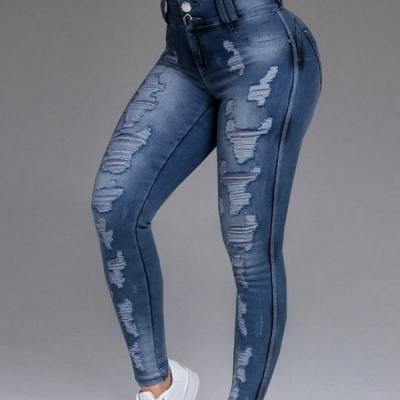 China Fashion Breathable High Waist Hole Style Pocket Button Skinny Stretch Tassel Long Ripped Jeans Denim Pencil Pants For Women for sale