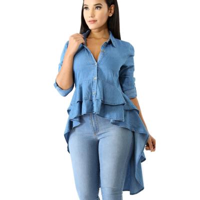 China 2021 Spring Summer Breathable Denim Shirt-Skirt Long Sleeve Dress With Short Front And Long Back for sale