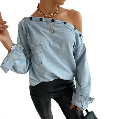 China 2021 Summer Women's Long Sleeve Denim Shirt Jean Shirts For Ladies Sexy Loose Casual Oblique Collar Breathable Blouse for sale