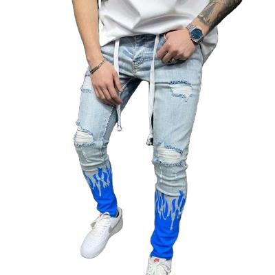 China High Quality Men's Contrast Blue Men's Skinny Jeans Hole Knee Breathable Pants New Design for sale