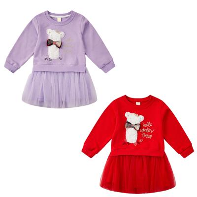 China Anti-wrinkle Autumn / Spring Knit Kids Girl Dress Long Sleeve With Princesses Skirt 3D Bow Knot for sale