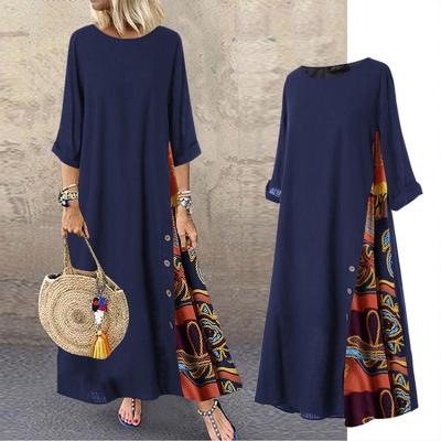 China New Design Anti-Static Retro Floral Neck Patch Work Three Quarter Sleeve European Round Casual Outfits for sale