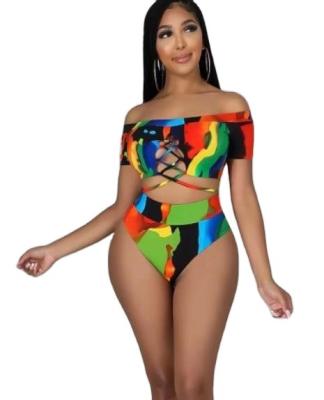 China New Fashion Women's Breathable Bikini Off The Shoulder Print Tank Sexy Hollow Off Color Block Printing 2 Piece Set Swimwear for sale