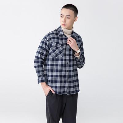 China Wholesale Anti-pilling Boy Plus Size Full Sleeve Plaid Flannel Thick Shirt Blue Check Duty Jacket For Men for sale