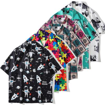 China Anti-pilling Fashion Custom Brand Couple Beach Wear Shorts Sleeve Printed Cartoon Aloha Shirts for sale