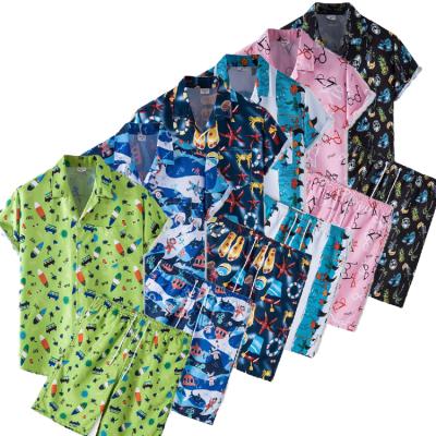 China Cartoon Design Custom Printed Short Sleeve Beach Wear Anti-pilling Shirts Shorts 2 Piece Hawaiian Suit For Men for sale