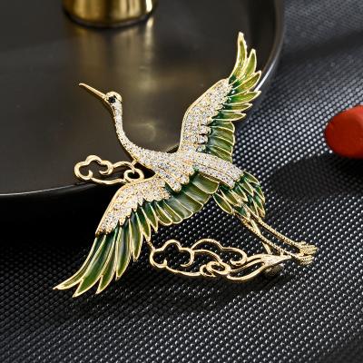 China Retro and modern Luxury Crane elegance Zircon brooch suit men women pins for sale